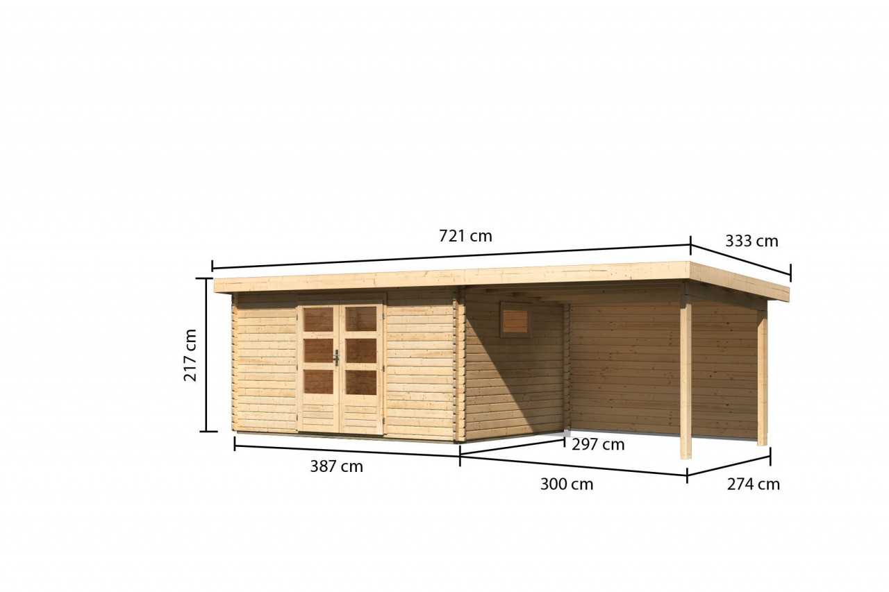 Gartenhaus Holz TRITTAU 5 387 x 297 m 38 mm Blockbohlenhaus Naturbelassen inkl. 330 m Anbaudach + Rückwand