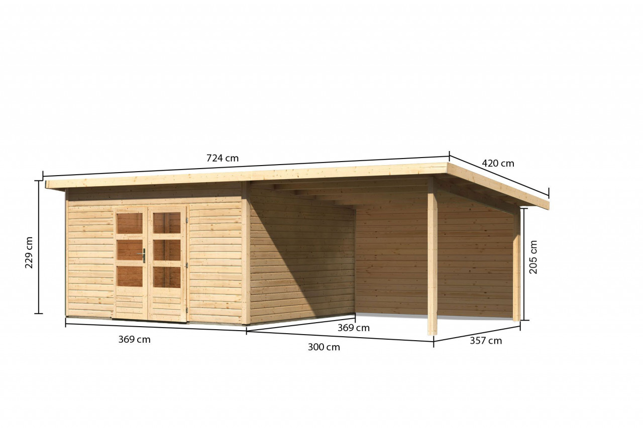 Gartenhaus Holz NORTHEIM 5 38 mm 369 x 369 m Naturbelassen inkl. 330 m Anbaudach + Rückwand