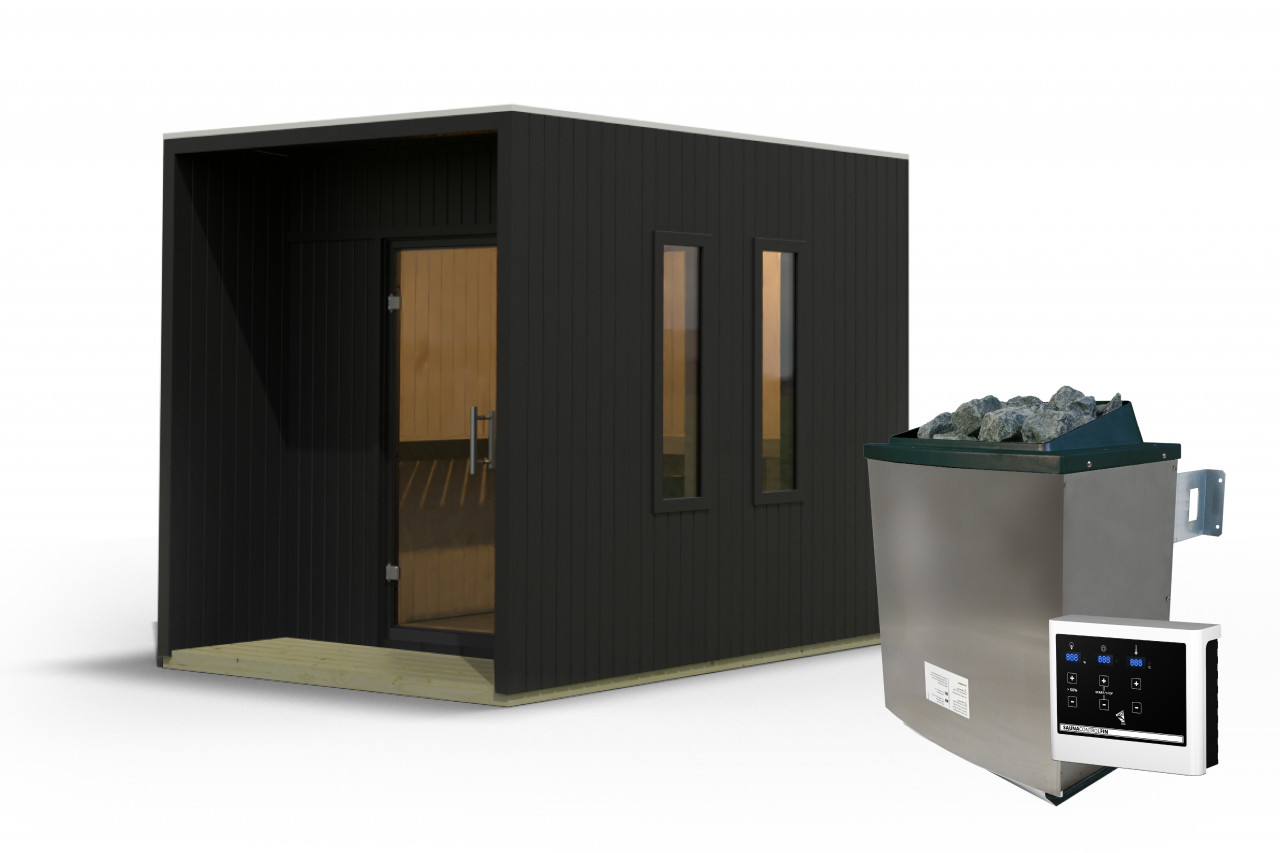 Saunahaus LAGUNA 220 x 288 m 73 mm Schwarz 9.0 kW Ofen inkl. Steuergerät