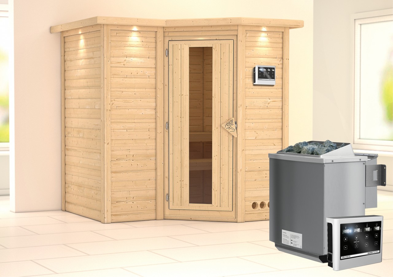 Massivholzsauna SAHIB 1 193 x 184 m 40 mm 9.0 kW BioKombiofen inkl. Steuergerät mit Dachkranz Energiespartür
