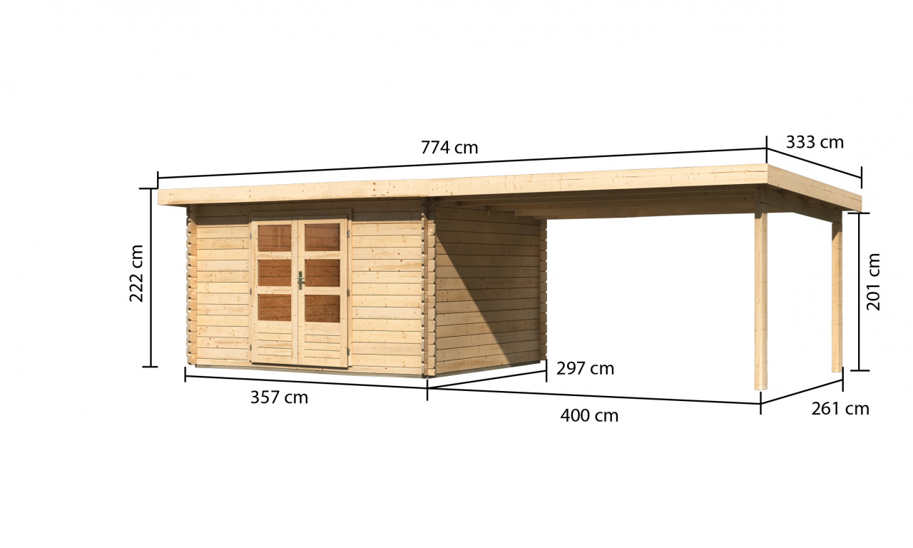 Gartenhaus Holz BASTRUP 7 357 x 297 m 28 mm Blockbohlenhaus Naturbelassen inkl. 400 m Anbaudach