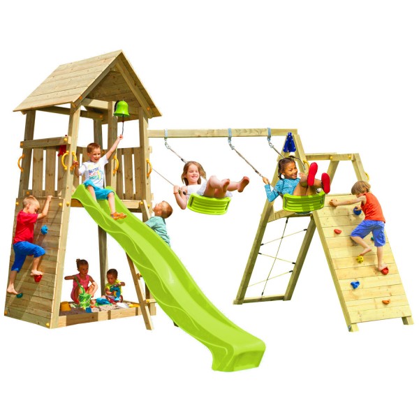 Spielturm BELVEDERE mit Rutsche + Kletterwand + Doppelschaukel