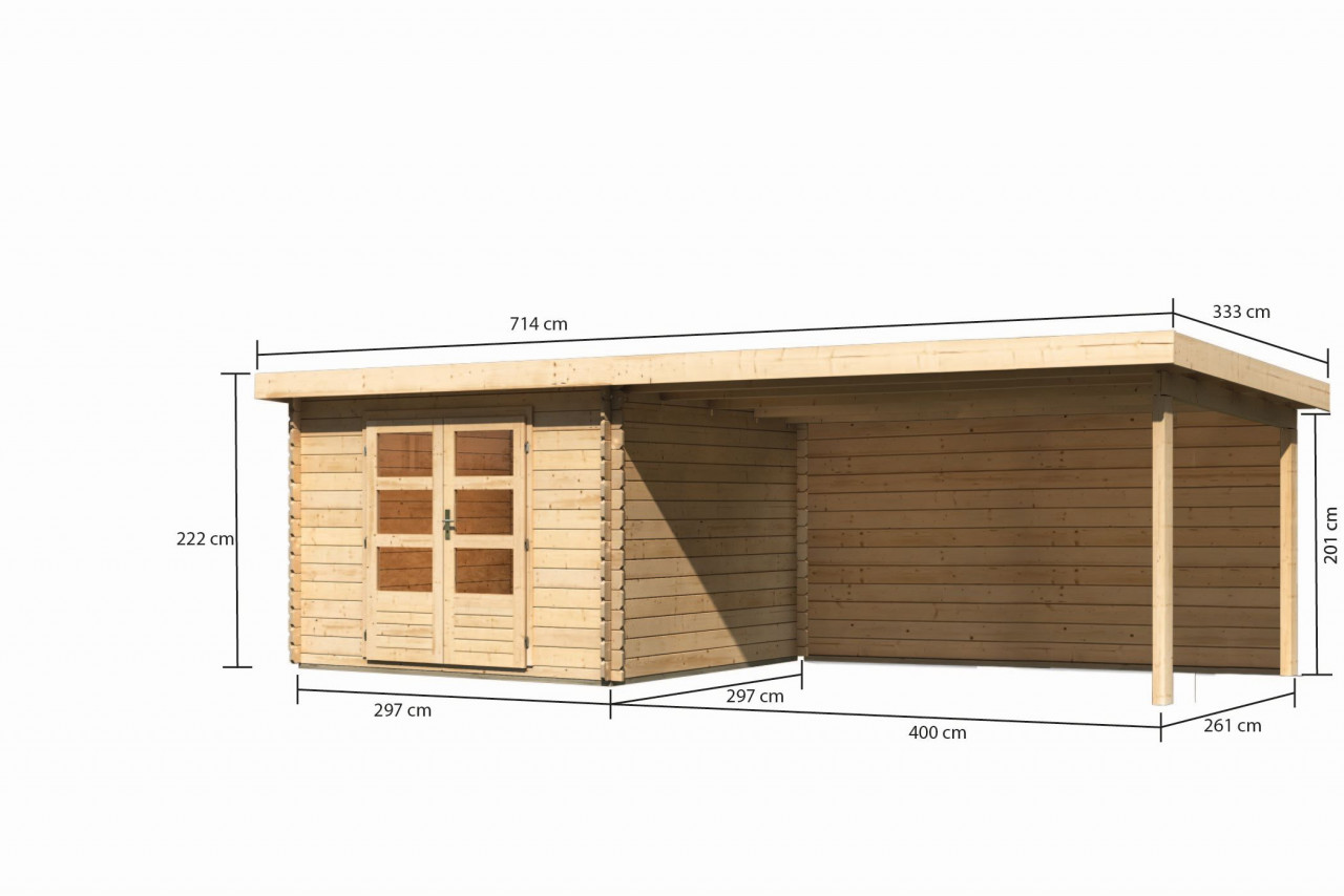 Gartenhaus Holz BASTRUP 5 297 x 297 m 28 mm Blockbohlenhaus Naturbelassen inkl. 400 m Anbaudach + Rückwand