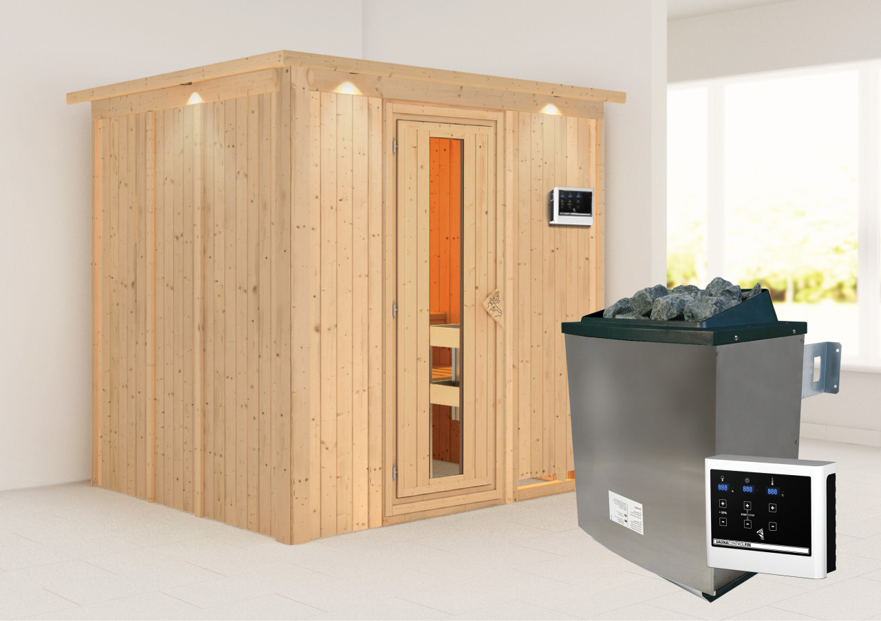 Sauna SODIN 196 x 17 m Naturbelassen 9.0 kW Ofen inkl. Steuergerät mit Dachkranz Energiespartür
