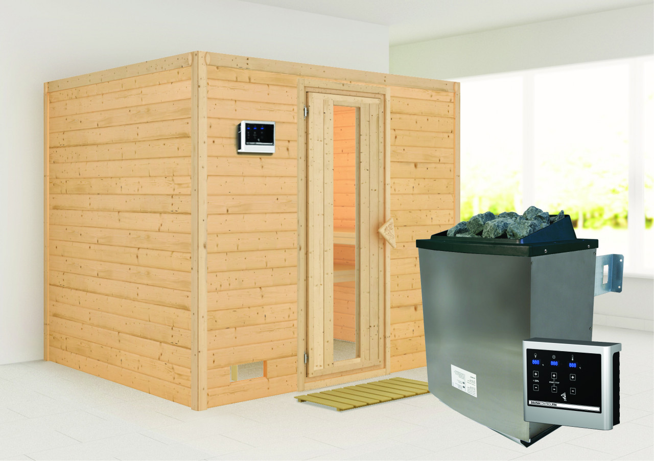 Massivholzsauna SONARA 231 x 196 m 38 mm 9.0 kW Ofen inkl. Steuergerät ohne Dachkranz Energiespartür
