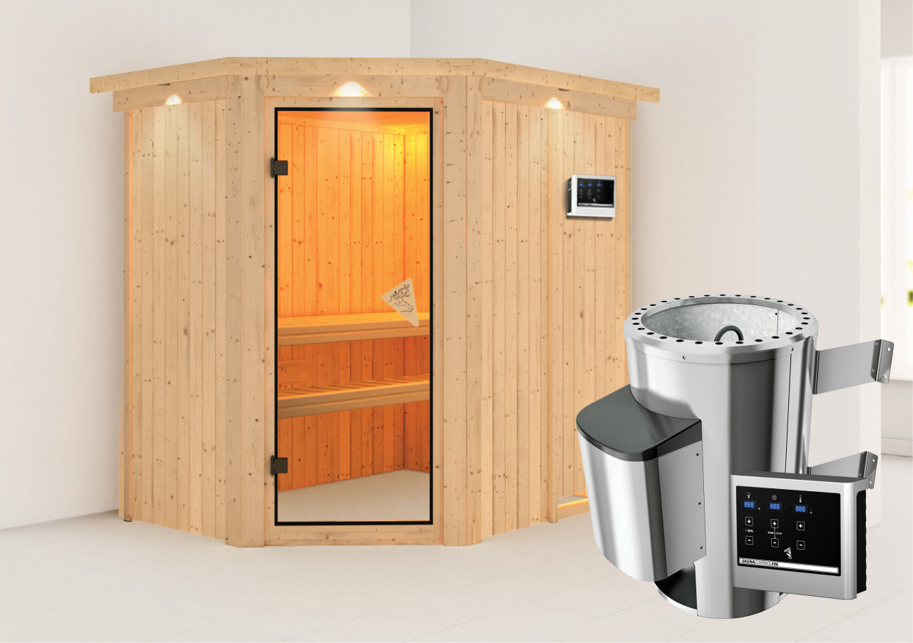 Sauna SAJA 151 x 196 m 3.6 kW Ofen ext. Steuerung mit Dachkranz Ganzglastür bronziert