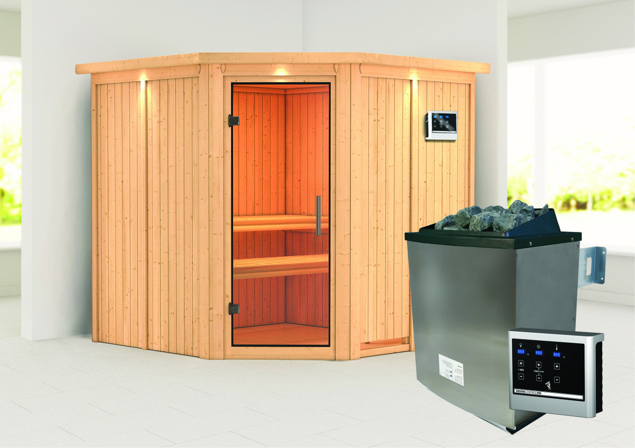 Sauna Innenkabine Jarin Innensauna 3 Sitzbänke aus Holz  Saunakabine mit 68 mm Wandstärke Infrarotsauna - Naturbelassen - Karibu