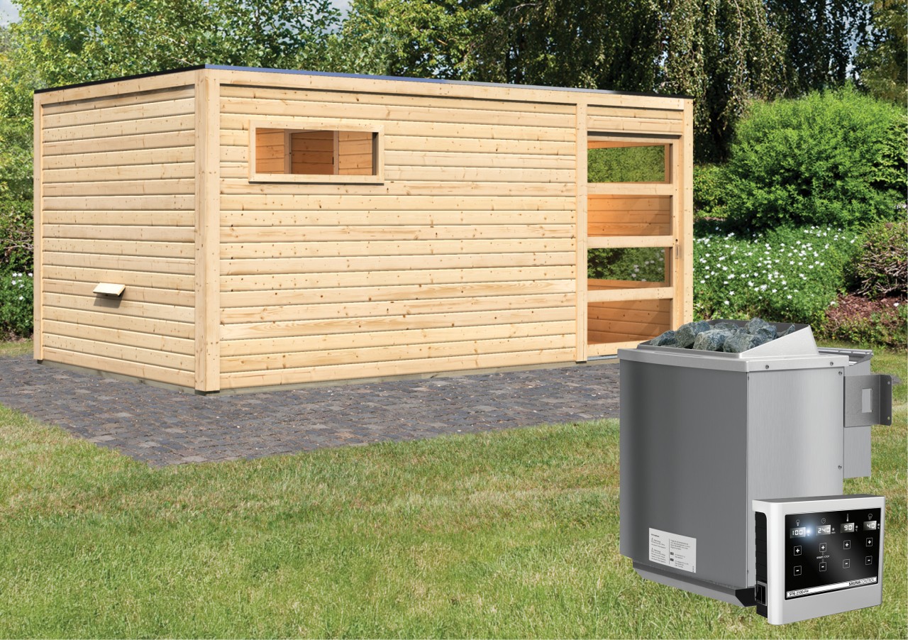 Saunahaus HYGGE 5,08 x 2,76 cm - 9.0 kW Bio-Kombiofen ext. Steuerung Saunahaus HYGGE 5,08 x 2,76 cm - 9.0 kW Bio-Kombiofen ext. Steuerung