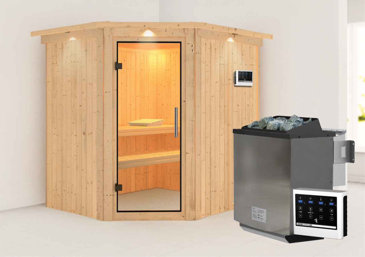 Sauna SIIRIN 196 x 17 m 9.0 kW BioKombiofen inkl. Steuergerät mit Dachkranz Ganzglastür Klarglas