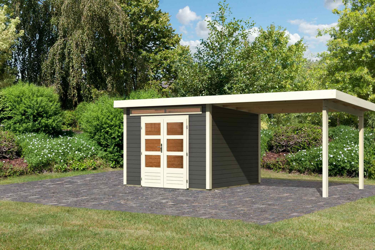 Gartenhaus Holz KANDERN 6 274 x 274 m 28 mm Flachdachhaus Terragrau inkl. 320 m Anbaudach
