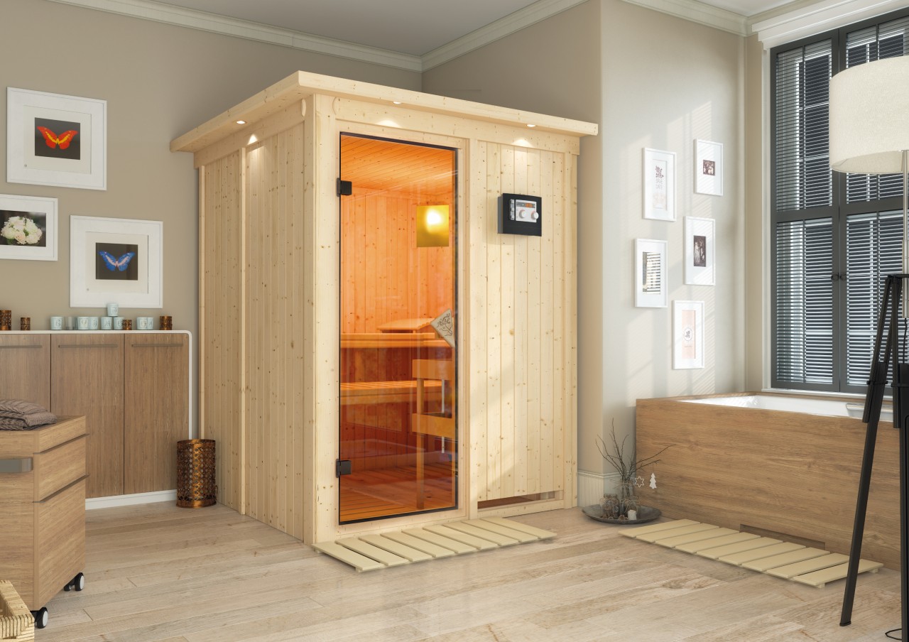 Sauna MINJA 1,51 x 1,51 m - 3.6 kW Bio-Kombiofen ext. Steuerung ohne Dachkranz Energiespartür Sauna MINJA 1,51 x 1,51 m - 3.6 kW Bio-Kombiofen ext. Steuerung ohne Dachkranz Energiespartür