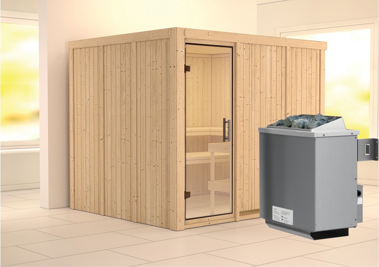 Sauna GOBIN 231 x 196 m 9.0 kW Ofen integr. Steuerung ohne Dachkranz Ganzglastür Klarglas