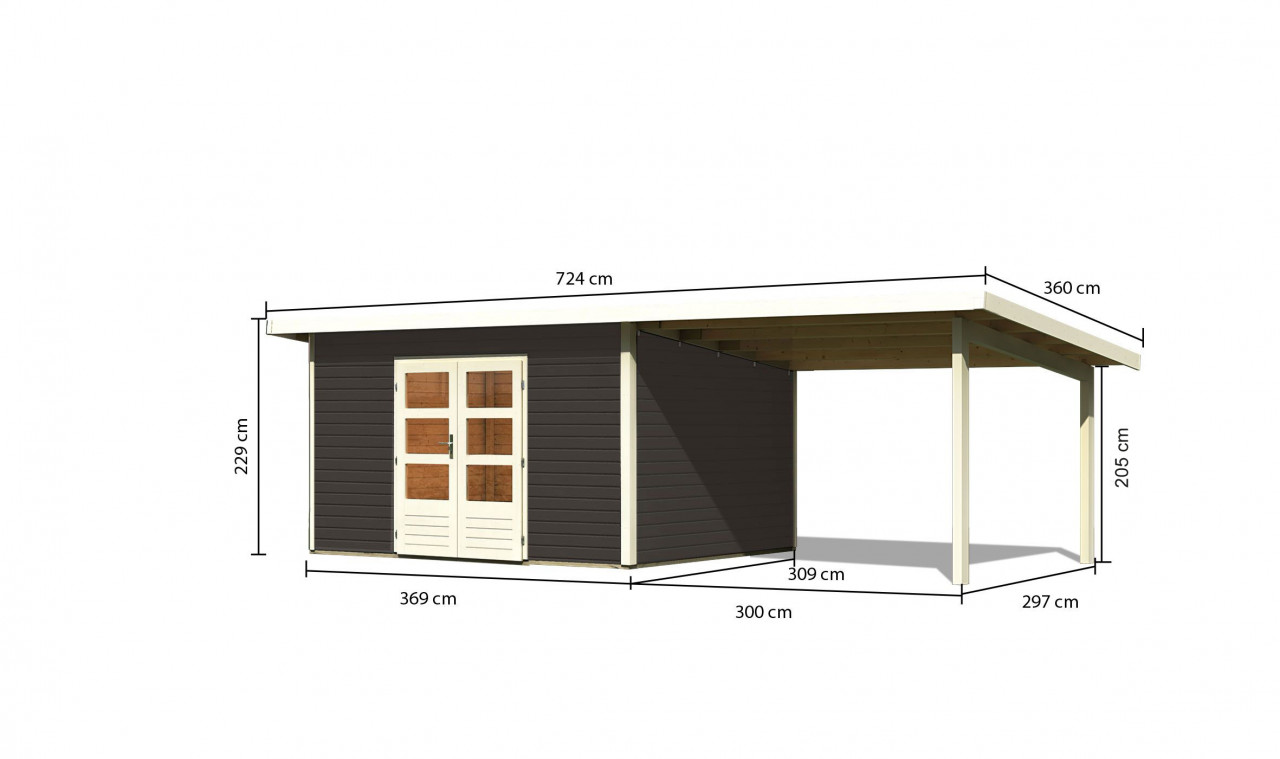 Karibu Gartenhaus Holz NORTHEIM 4 38 mm 369 x 309 m Terragrau inkl. 330 m Anbaudach 04-002-03-001-01921