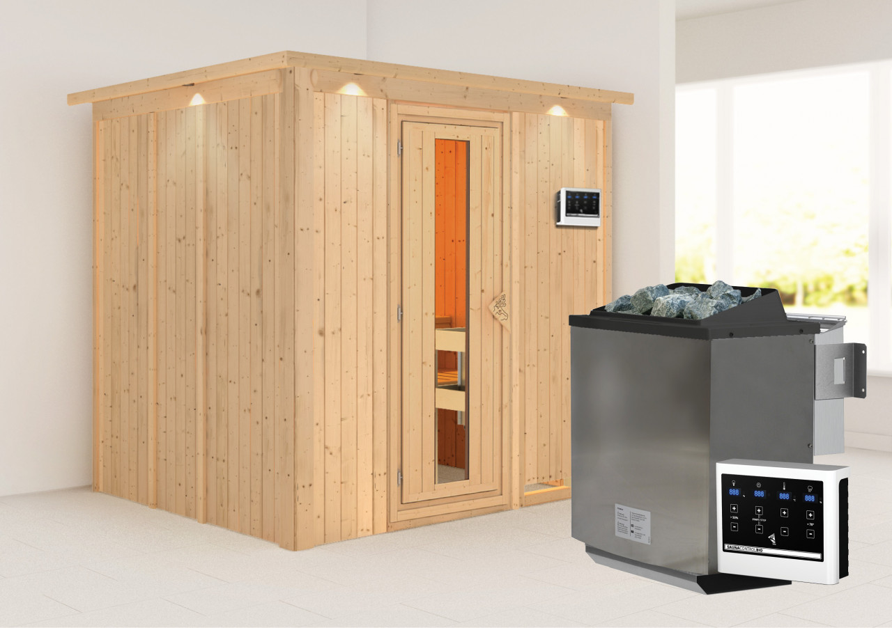 Sauna SODIN 196 x 17 m Naturbelassen 9.0 kW BioKombiofen inkl. Steuergerät mit Dachkranz Energiespartür