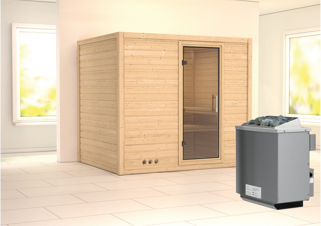 Massivholzsauna SONARA 231 x 196 m 38 mm 9.0 kW Ofen integr. Steuerung ohne Dachkranz Ganzglastür Klarglas