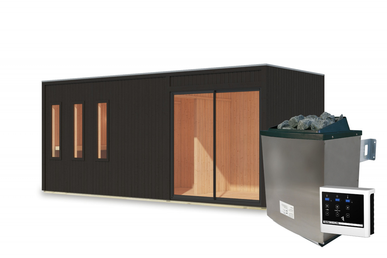 Saunahaus MONTEREY 574 x 2165 cm 73 mm mit Vorraum Schwarz 9.0 kW Ofen inkl. Steuergerät