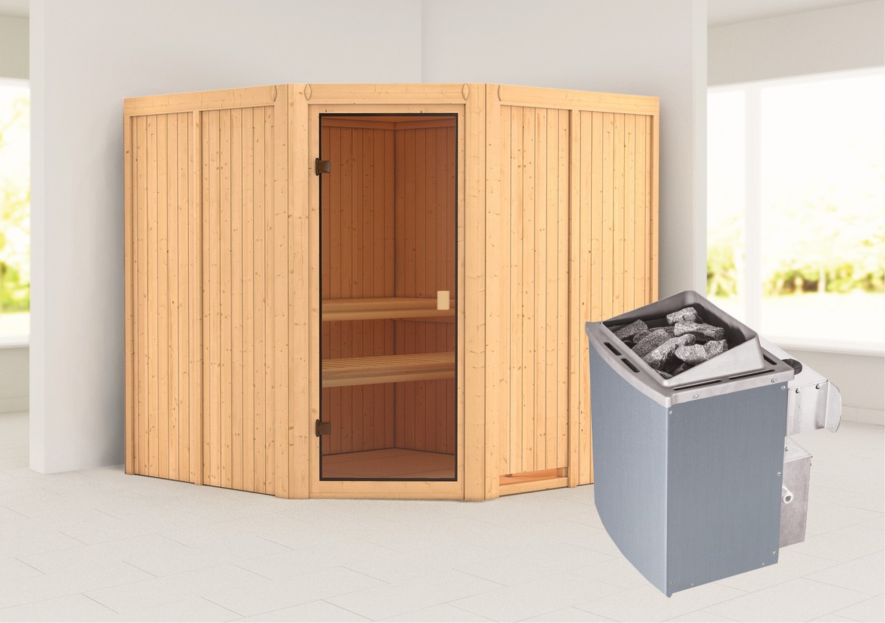 Woodfeeling Sauna Kotka mit Eckeinstieg Innensauna 3 Sitzbänke aus Holz  Saunakabine mit 68 mm Wandstärke Infrarotsauna mit Montagematerial
