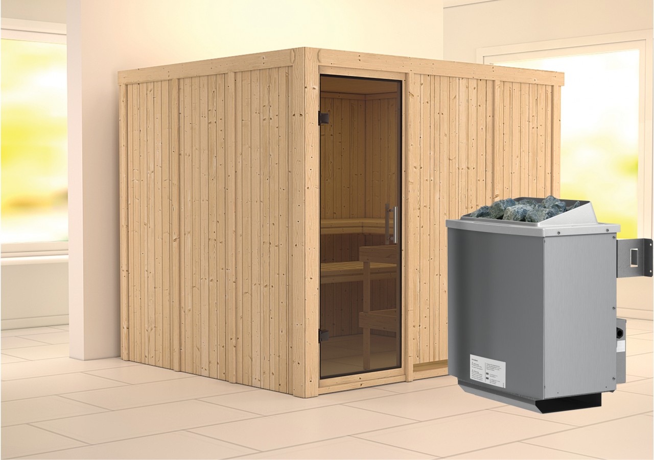 Sauna GOBIN 231 x 196 m 9.0 kW Ofen integr. Steuerung ohne Dachkranz Ganzglastür graphit