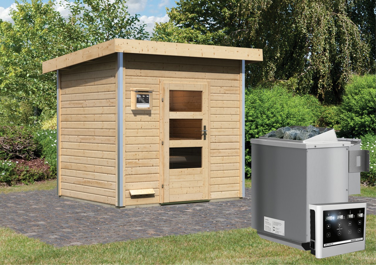 Saunahaus NORGE 2,31 x 1,96 cm - 9.0 kW Bio-Kombiofen ext. Steuerung ISO-Glas Klarglas Saunahaus NORGE 2,31 x 1,96 cm - 9.0 kW Bio-Kombiofen ext. Steuerung ISO-Glas Klarglas