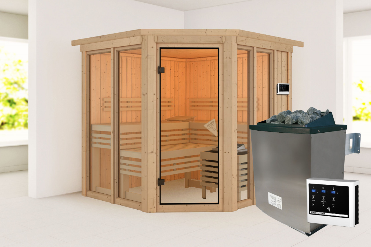 Sauna AIRI 196 x 196 m 9.0 kW Ofen inkl. Steuergerät mit Dachkranz