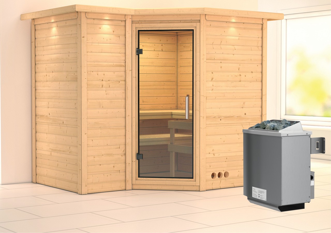 Massivholzsauna SAHIB 2 236 x 184 m 40 mm 9.0 kW Ofen integr. Steuerung mit Dachkranz Ganzglastür Klarglas