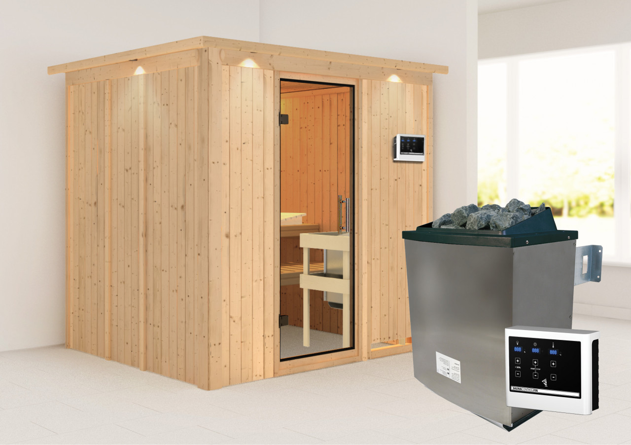 Sauna SODIN 196 x 17 m Naturbelassen 9.0 kW Ofen inkl. Steuergerät mit Dachkranz Ganzglastür Klarglas