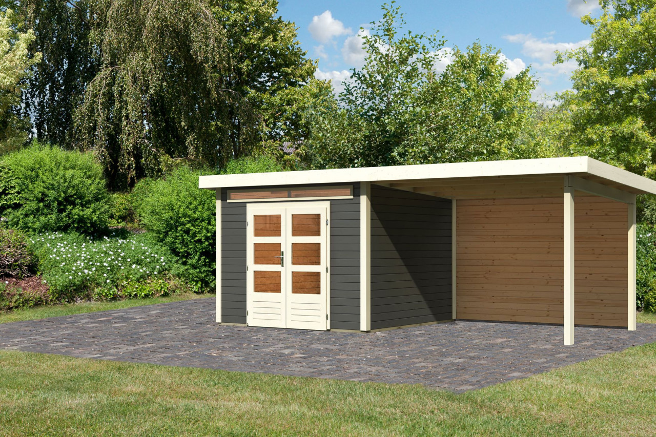 Gartenhaus Holz KANDERN 6 274 x 274 m 28 mm Flachdachhaus Terragrau inkl. 320 m Anbaudach + Rückwand