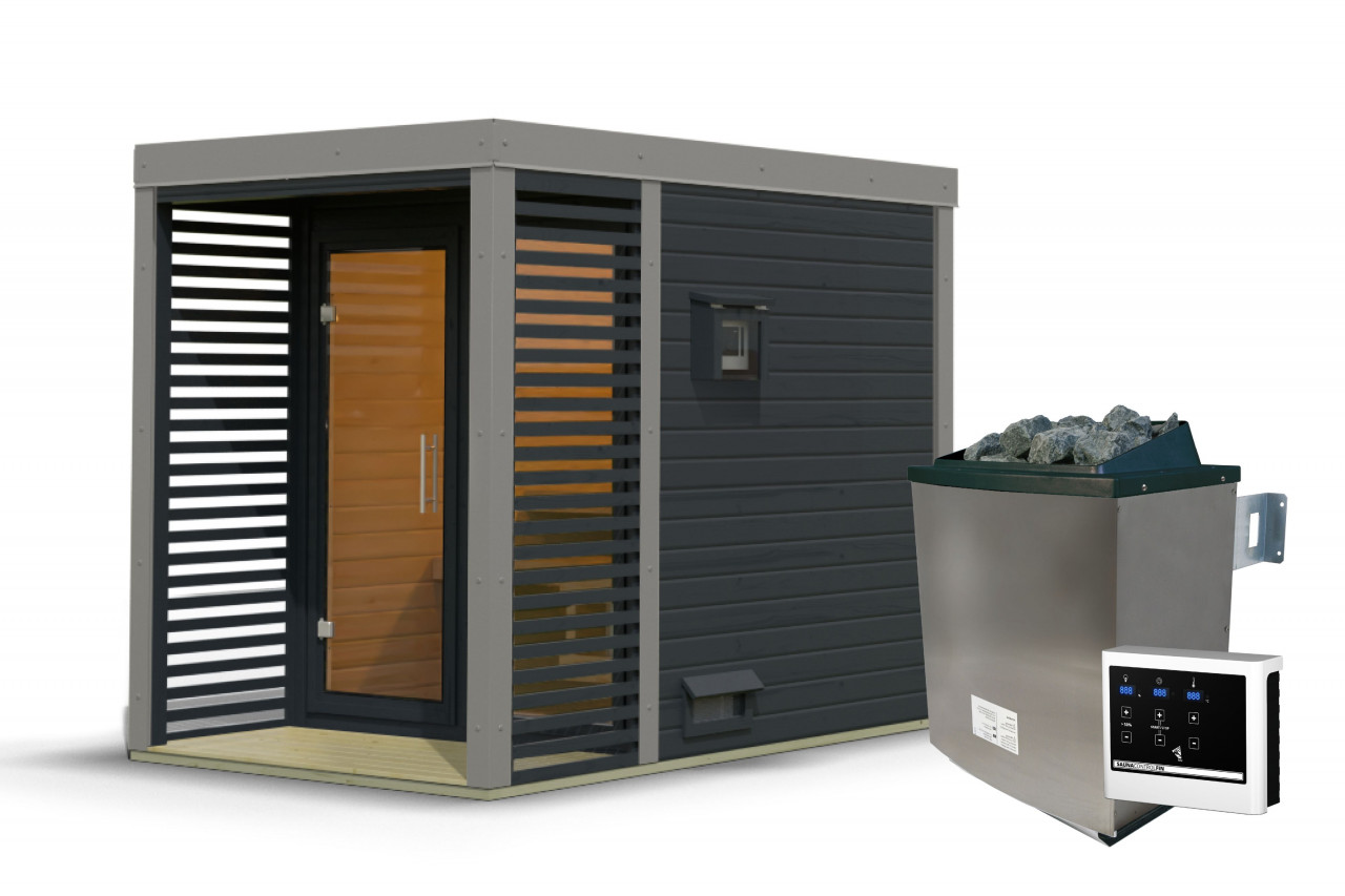 Saunahaus ARES 1 191 x 276 m 38 mm 9.0 kW Ofen inkl. Steuergerät Anthrazit Graualuminium