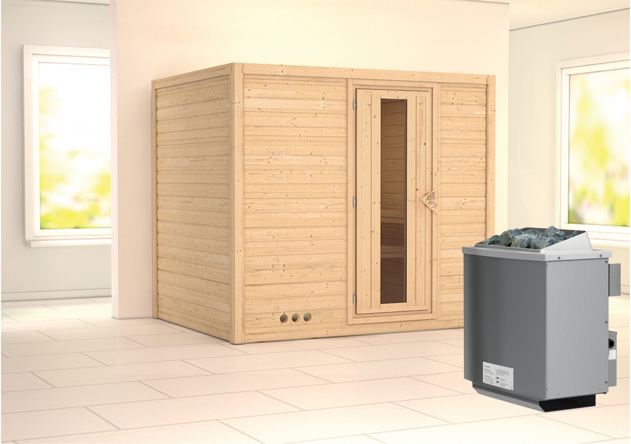Massivholzsauna SONARA 231 x 196 m 38 mm 9.0 kW Ofen integr. Steuerung ohne Dachkranz Energiespartür