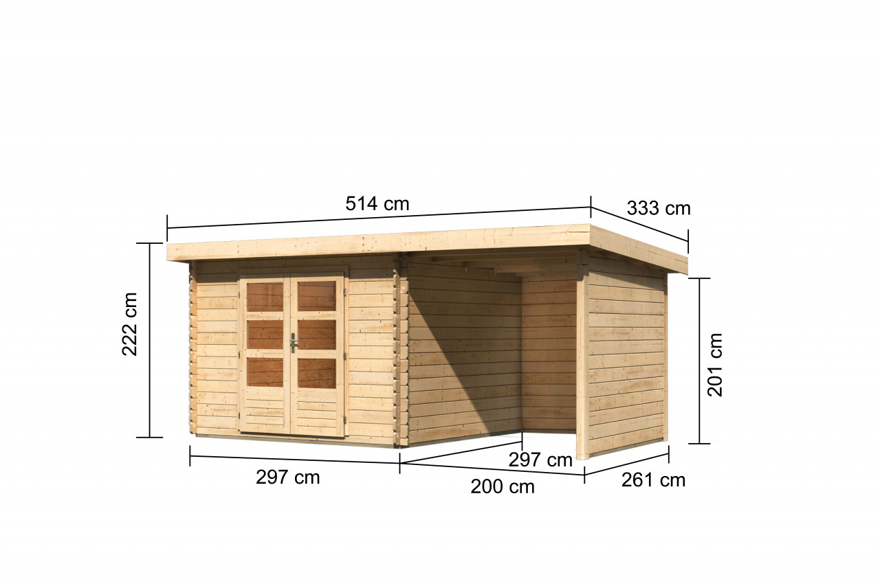 Gartenhaus Holz BASTRUP 5 297 x 297 m 28 mm Blockbohlenhaus Naturbelassen inkl. 200 m Anbaudach + Rück und Seitenwand
