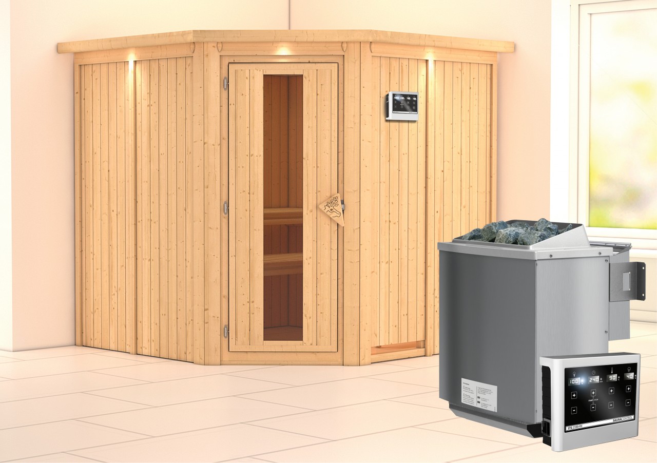 Sauna JARIN 196 x 196 m 9.0 kW BioKombiofen inkl. Steuergerät mit Dachkranz Energiespartür