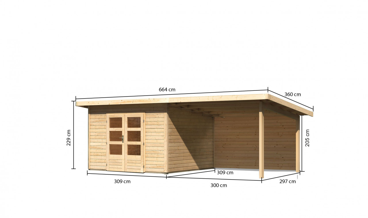 Gartenhaus Holz NORTHEIM 3 38 mm 309 x 309 m Naturbelassen inkl. 330 m Anbaudach + Rückwand