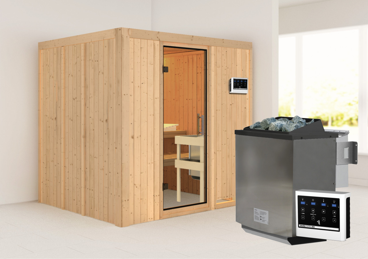 Sauna SODIN 196 x 17 m Naturbelassen 9.0 kW BioKombiofen inkl. Steuergerät ohne Dachkranz Ganzglastür Klarglas