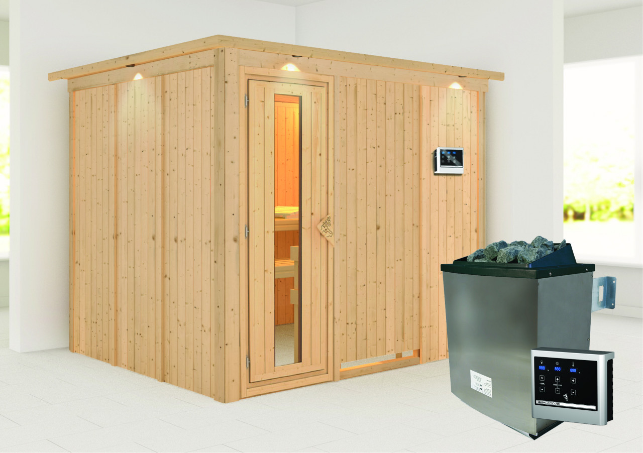 Sauna GOBIN 231 x 196 m 9.0 kW Ofen inkl. Steuergerät mit Dachkranz Energiespartür