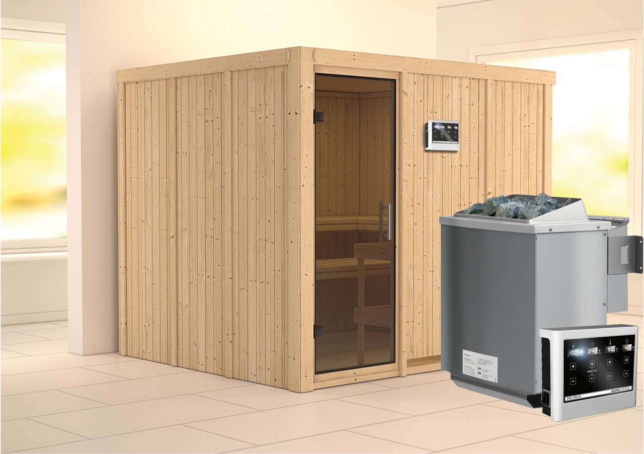 Sauna GOBIN 231 x 196 m 9.0 kW BioKombiofen inkl. Steuergerät ohne Dachkranz Ganzglastür graphit