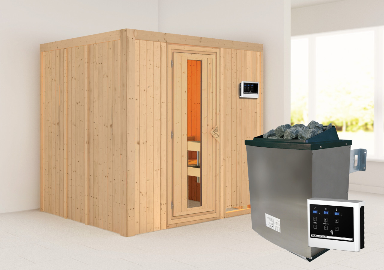 Sauna SODIN 196 x 17 m Naturbelassen 9.0 kW BioKombiofen inkl. Steuergerät ohne Dachkranz Energiespartür