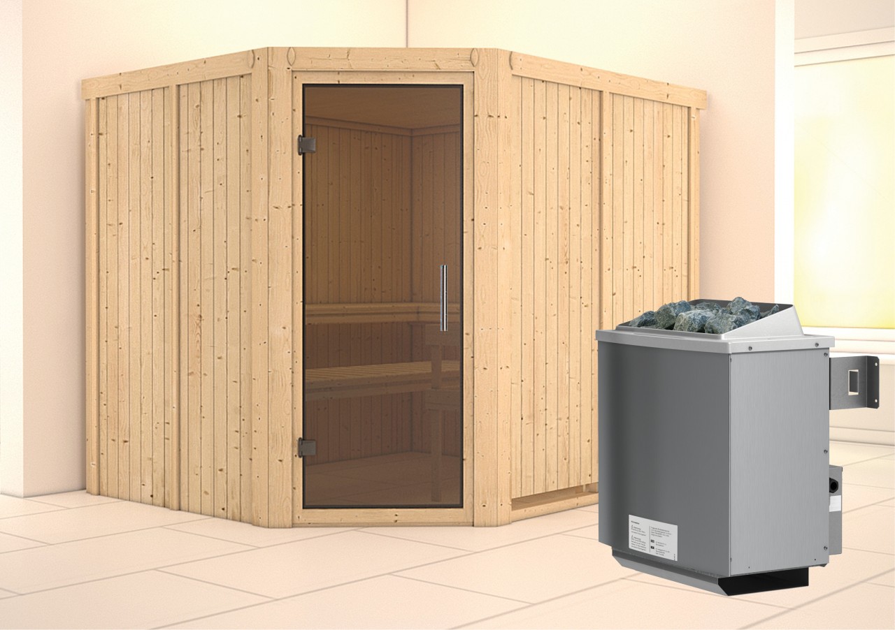 Sauna MALIN 231 x 196 m 9.0 kW Ofen integr. Steuerung ohne Dachkranz Ganzglastür graphit