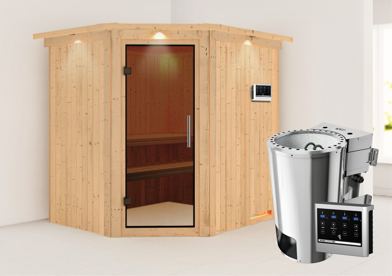 Sauna LILJA 196 x 170 m 3.6 kW BioKombiofen ext. Steuerung mit Dachkranz Ganzglastür graphit