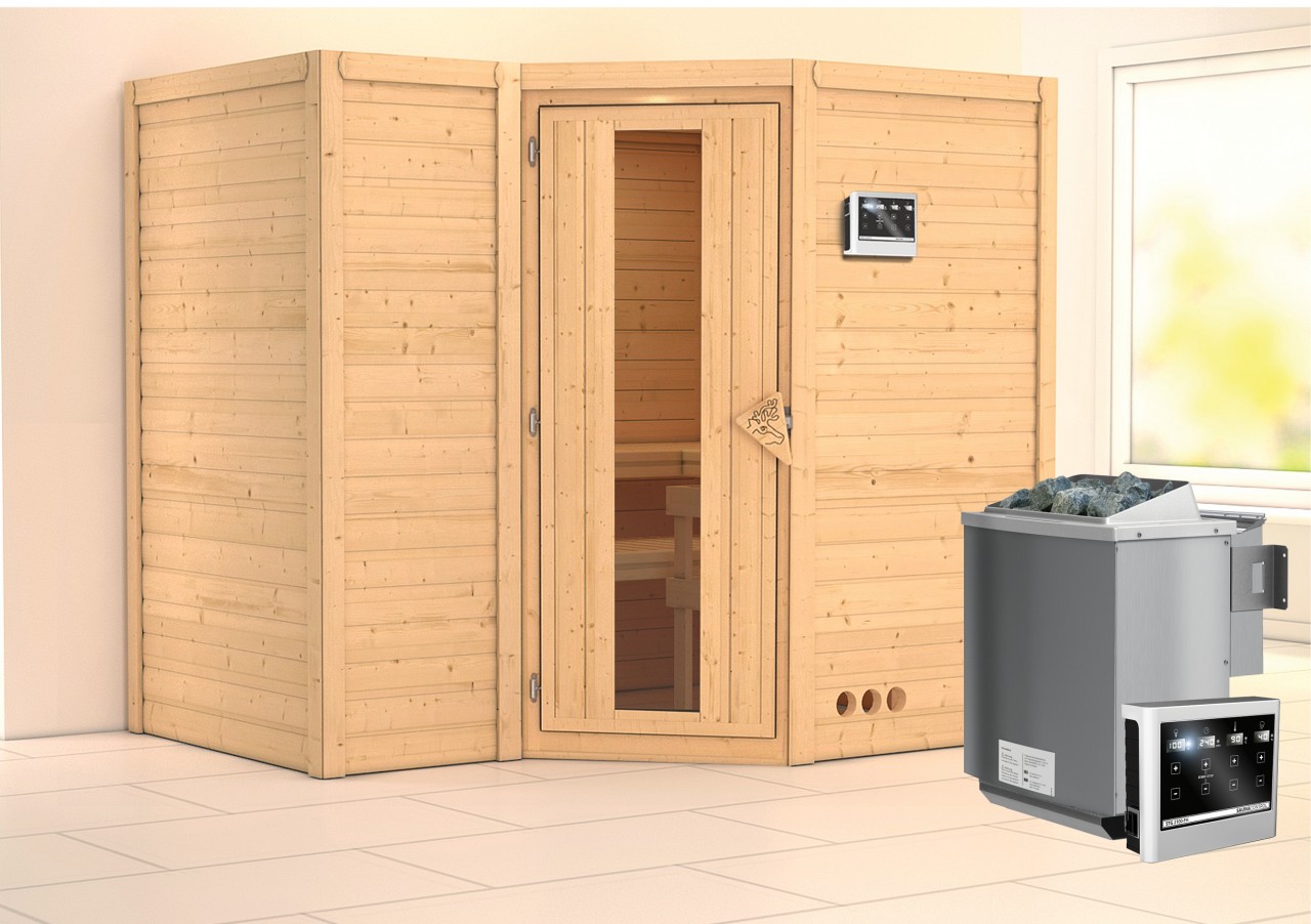Massivholzsauna SAHIB 2 236 x 184 m 40 mm 9.0 kW BioKombiofen inkl. Steuergerät ohne Dachkranz Energiespartür