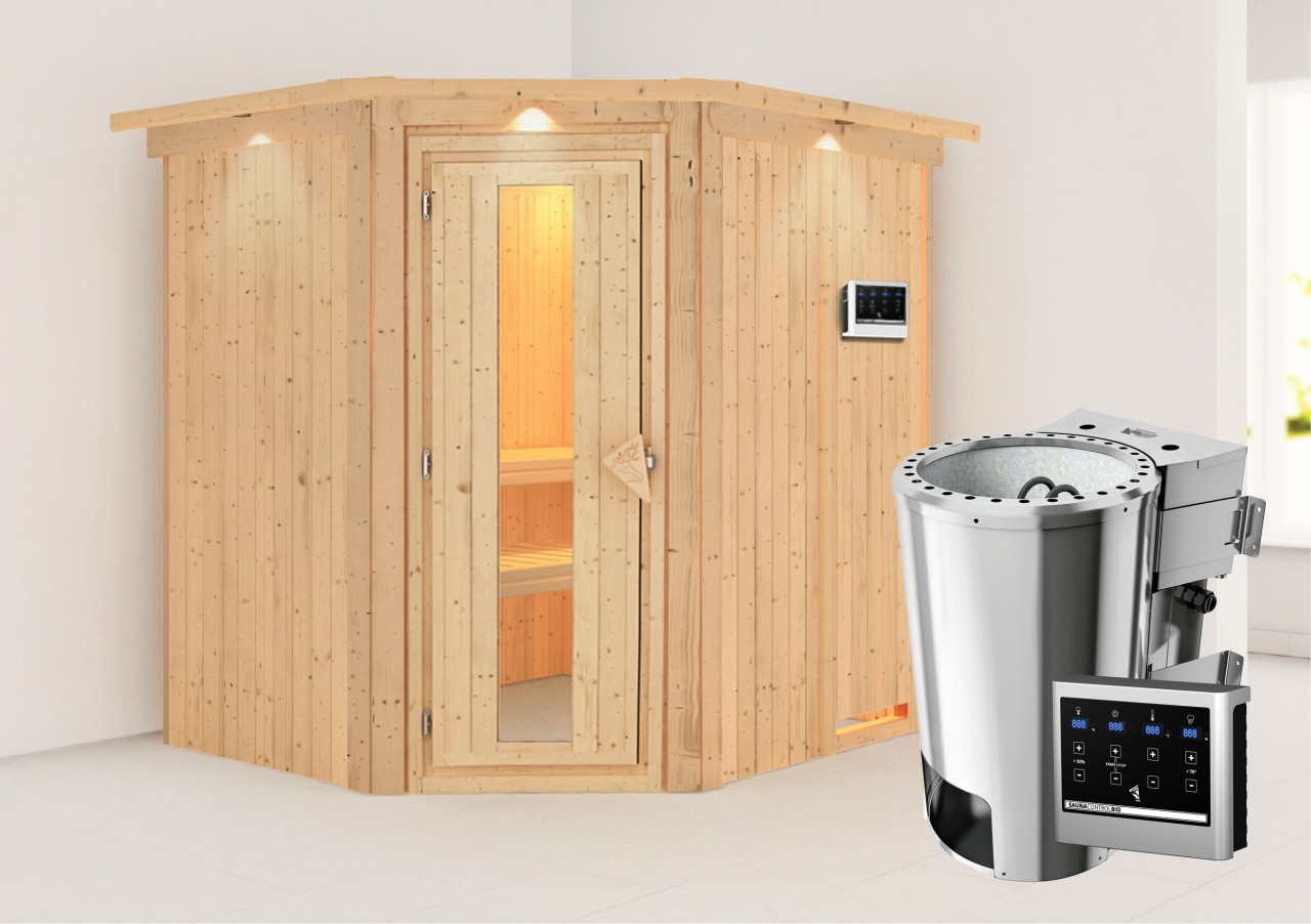 Sauna LILJA 196 x 170 m 3.6 kW BioKombiofen ext. Steuerung mit Dachkranz Energiespartür