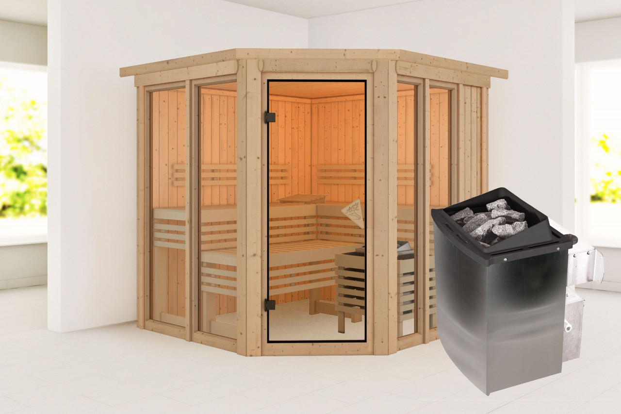 Sauna AIRI 196 x 196 m 9.0 kW Ofen integr. Steuerung mit Dachkranz