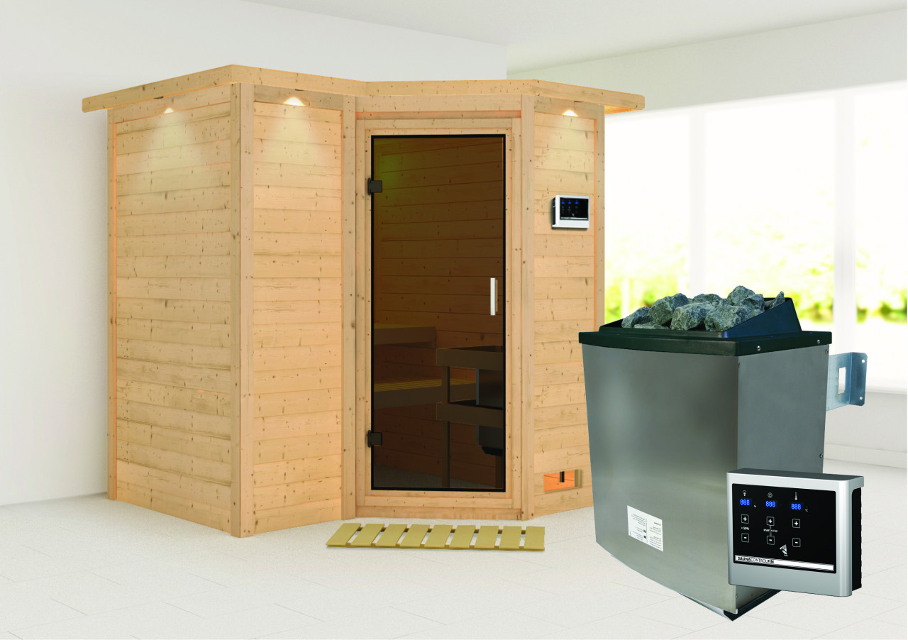 Massivholzsauna SAHIB 1 193 x 184 m 40 mm 9.0 kW Ofen inkl. Steuergerät mit Dachkranz Ganzglastür graphit