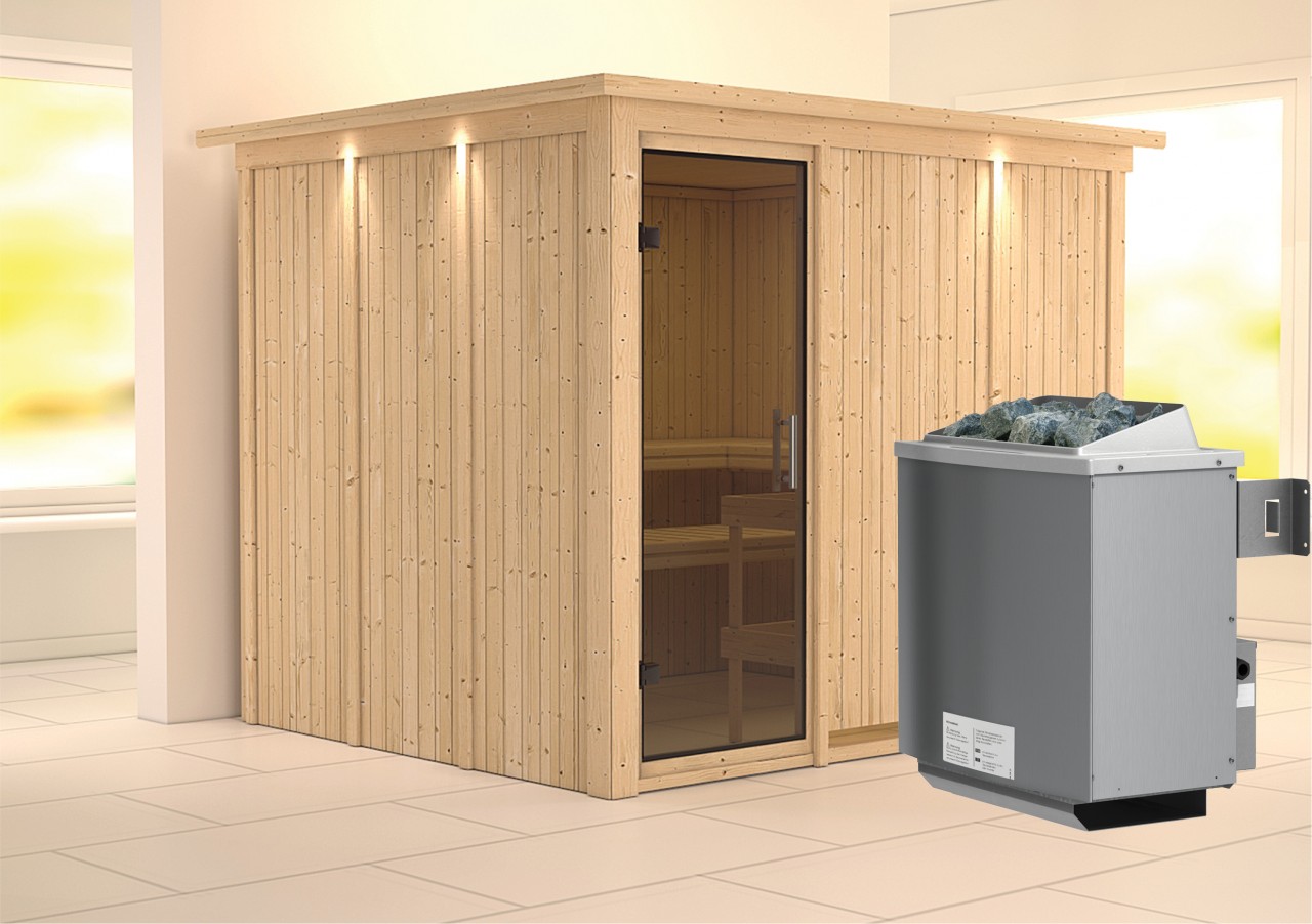 Sauna GOBIN 231 x 196 m 9.0 kW Ofen integr. Steuerung mit Dachkranz Ganzglastür graphit