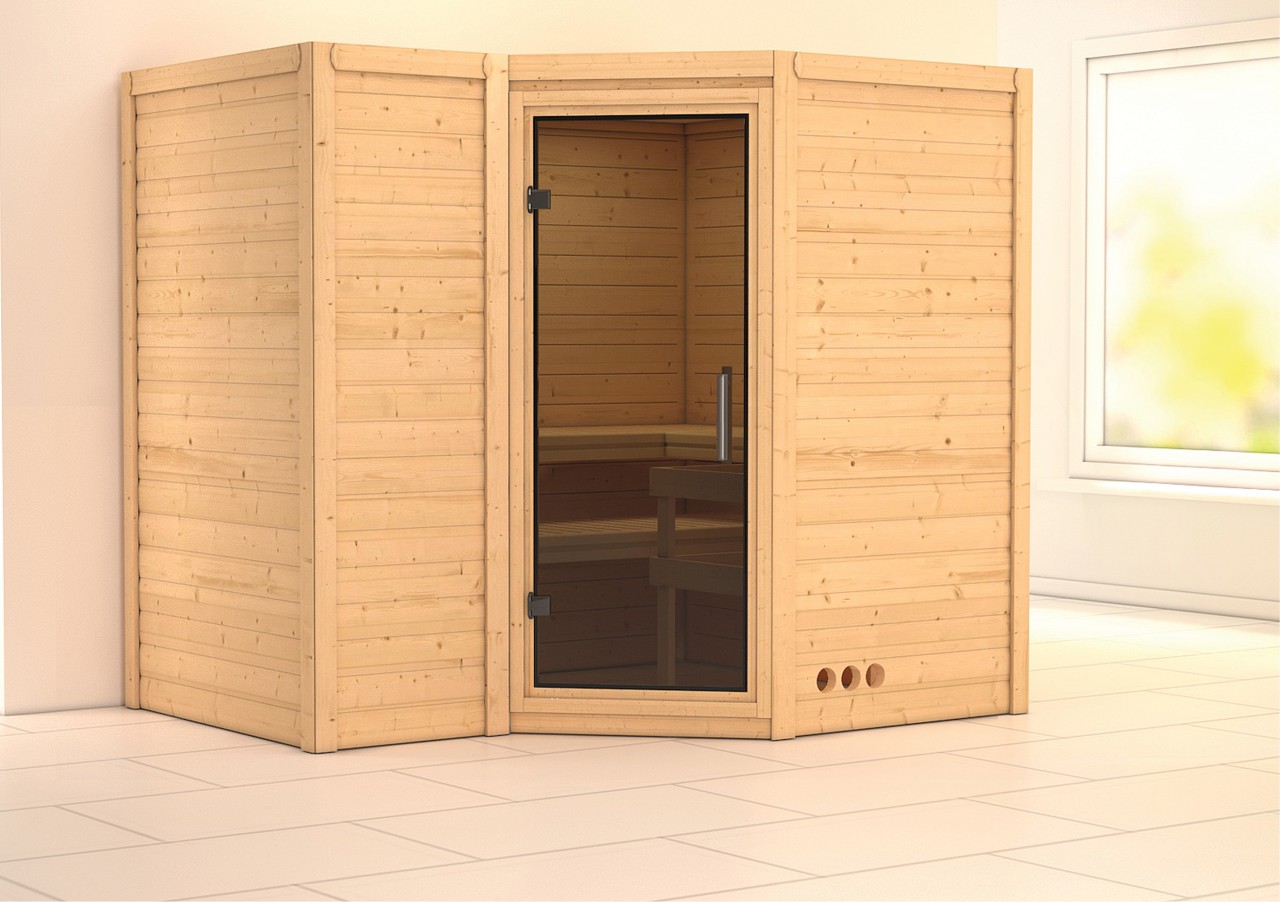 Karibu  Massivholzsauna SAHIB 2 2,36 x 1,84 m 40 mm  ohne Ofen ohne Dachkranz Ganzglastür graphit 75888