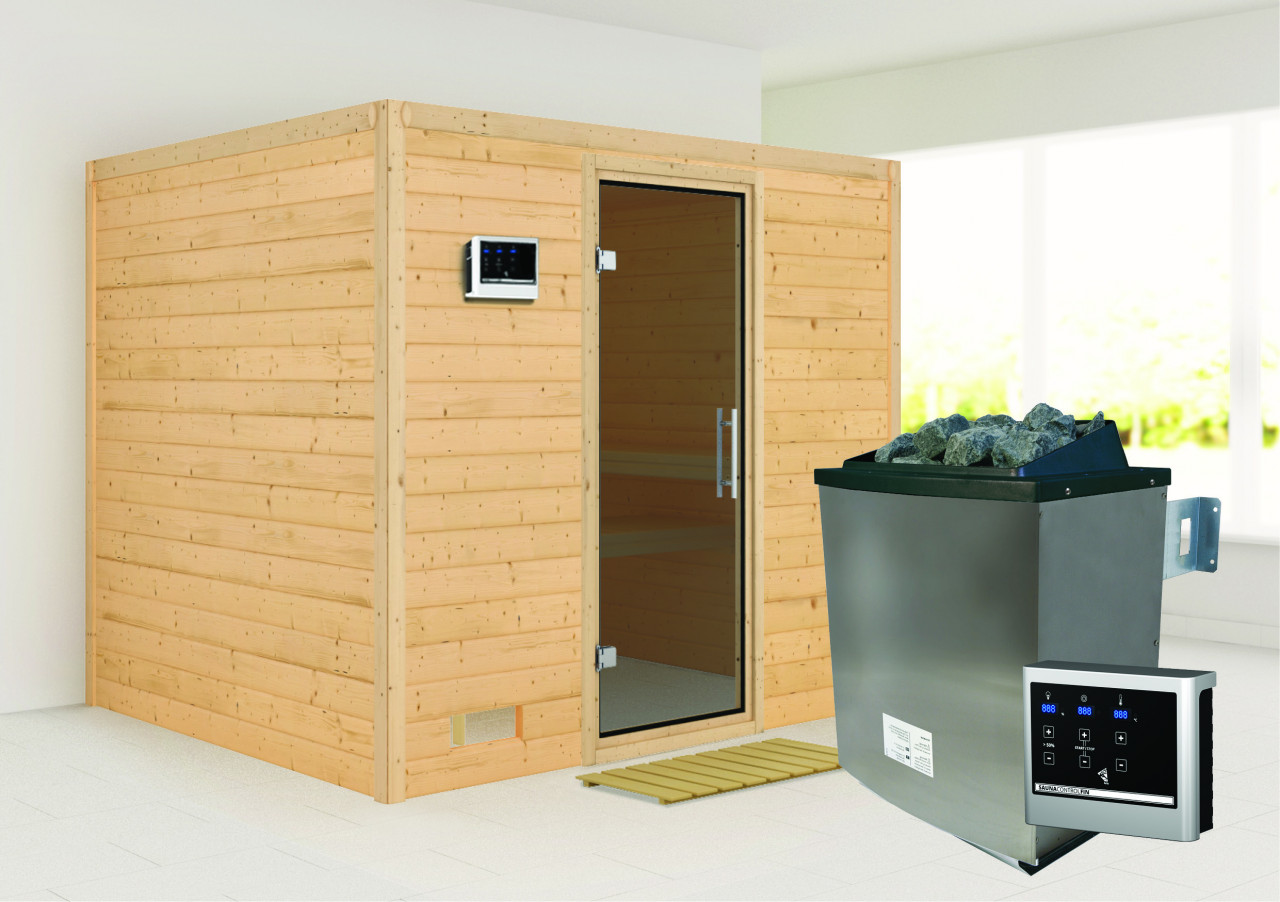 Massivholzsauna SONARA 231 x 196 m 38 mm 9.0 kW Ofen inkl. Steuergerät ohne Dachkranz Ganzglastür graphit