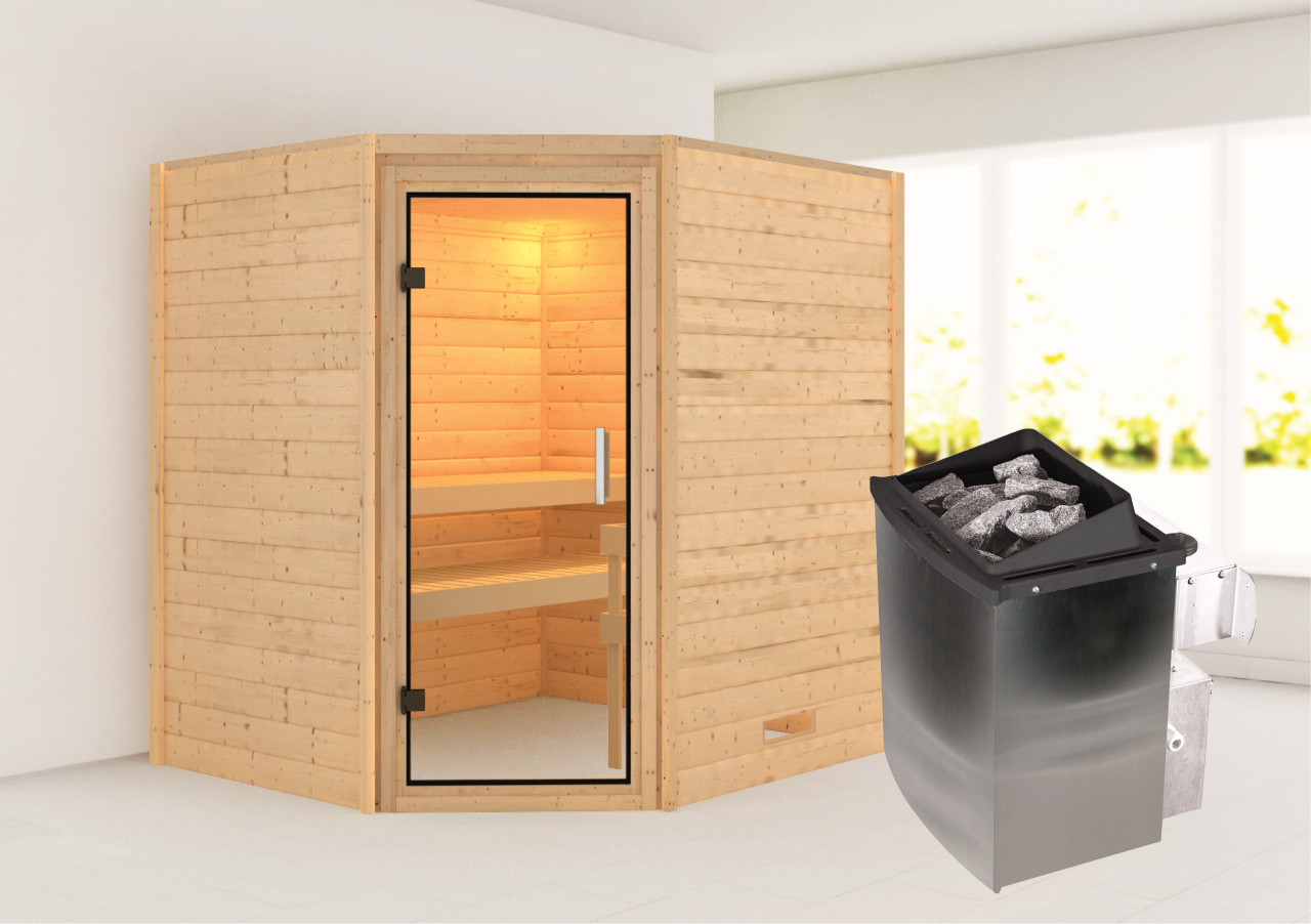 Karibu Sauna "Mia (Fronteinstieg)" inklusive Ofenschutzgitter und Tür, Ofen 9 kW integr. Steuerung