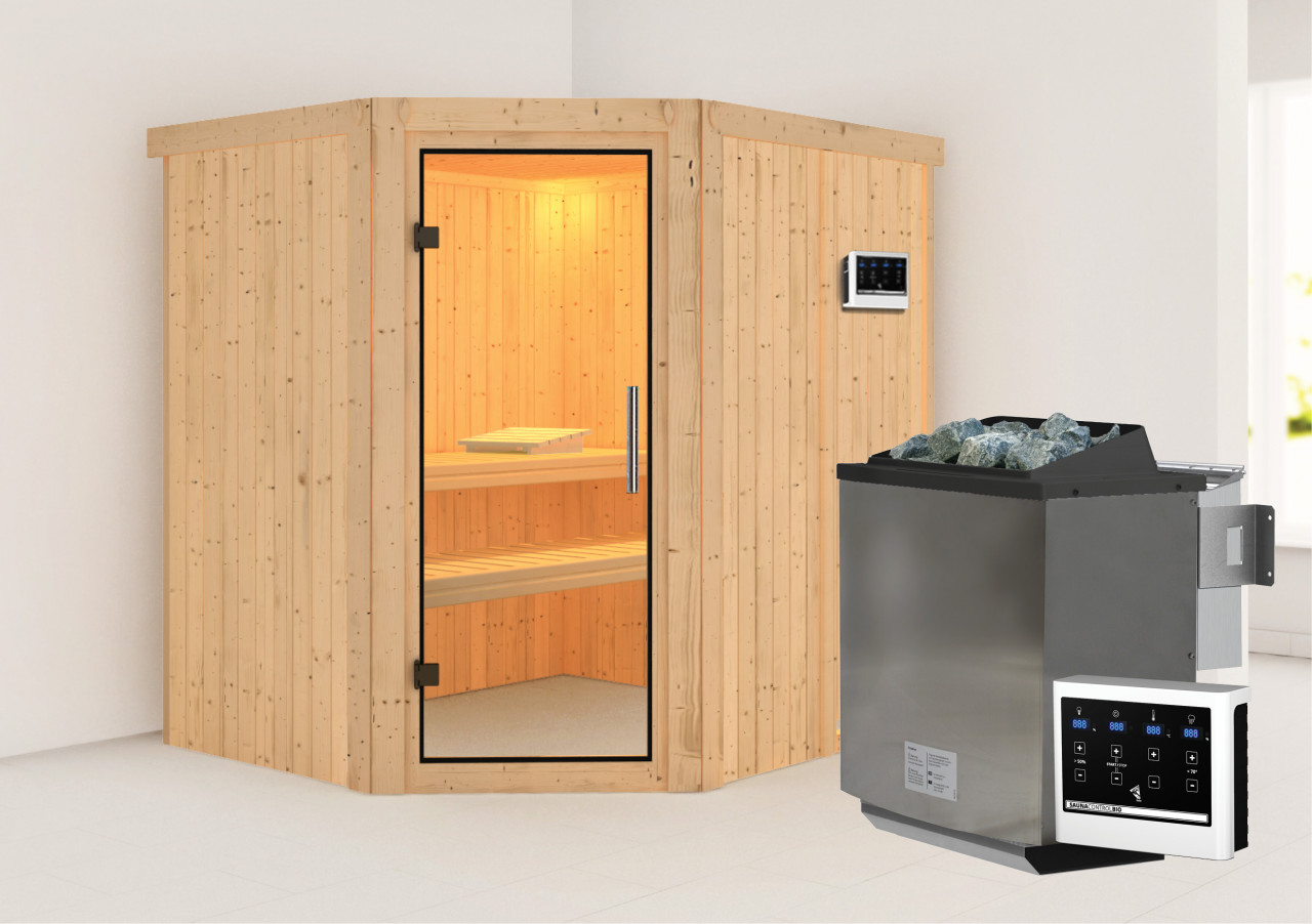 Sauna SIIRIN 196 x 17 m 9.0 kW BioKombiofen inkl. Steuergerät ohne Dachkranz Ganzglastür Klarglas