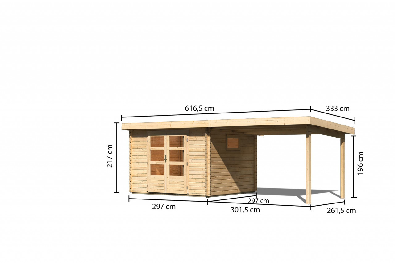 Gartenhaus Holz TRITTAU 3 38 mm 297 x 297 m Naturbelassen inkl. 330 m Anbaudach