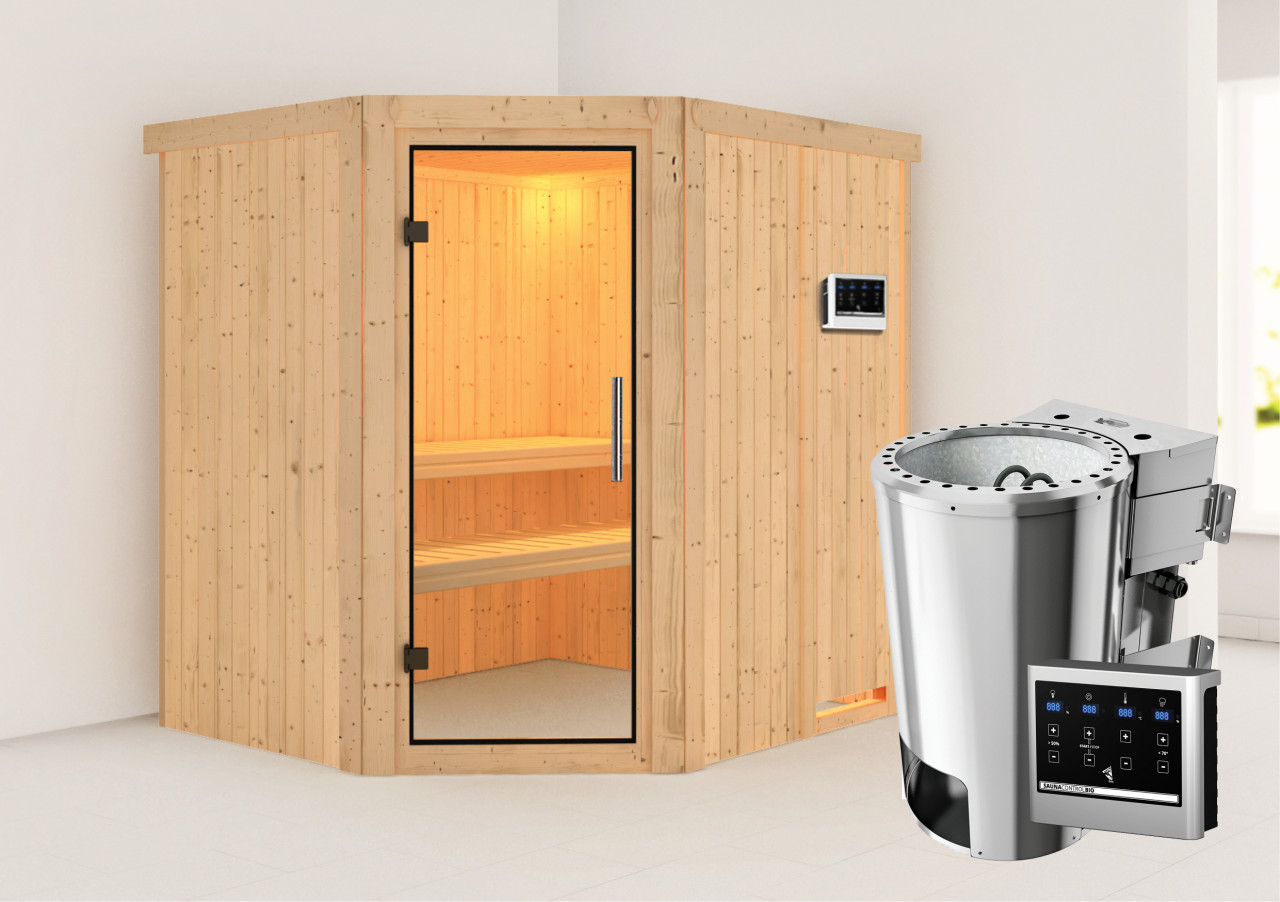 Sauna LILJA 196 x 170 m 3.6 kW BioKombiofen ext. Steuerung ohne Dachkranz Klarglastür