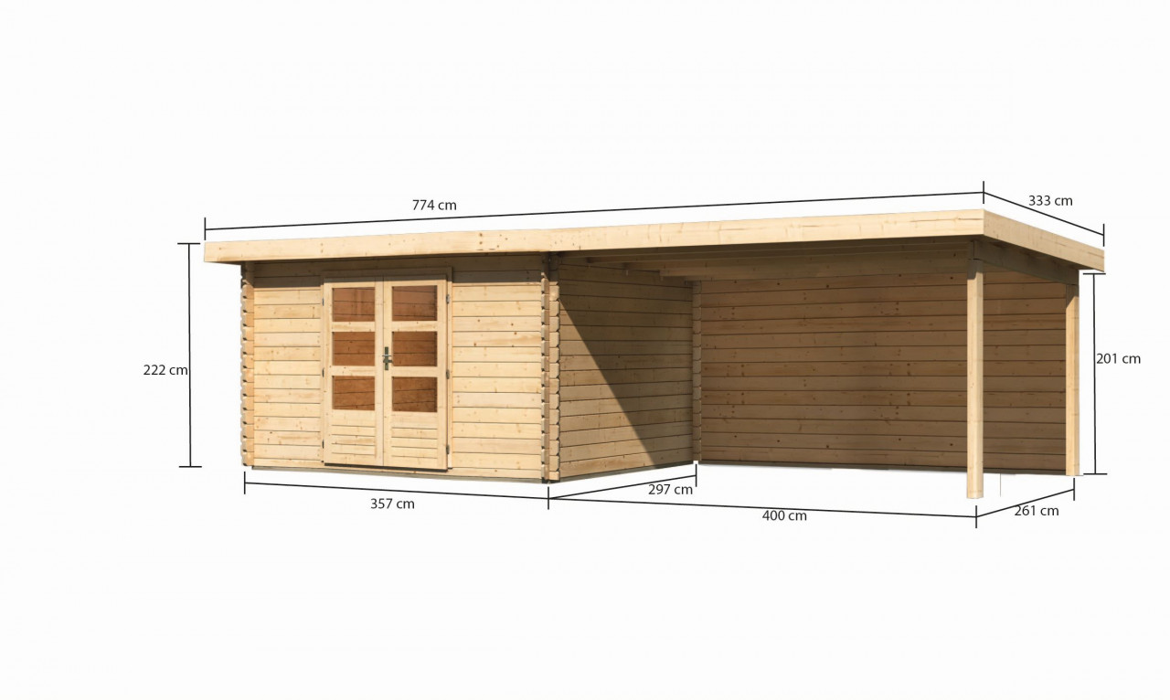 Gartenhaus Holz BASTRUP 7 357 x 297 m 28 mm Blockbohlenhaus Naturbelassen inkl. 400 m Anbaudach + Rückwand